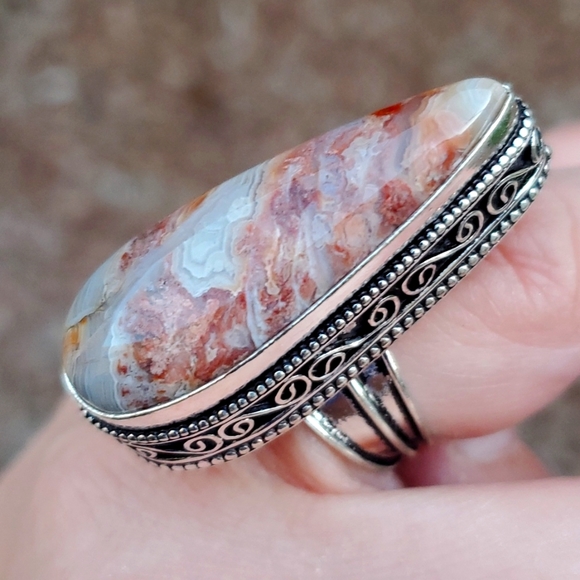 New Oversized Crazy Lace Agate 925 Silver Statement Ring. - Picture 12 of 16